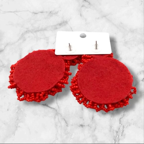 Statement Drop Red Beaded Circular Statement Earrings With Stud Backing - Picture 2 of 8